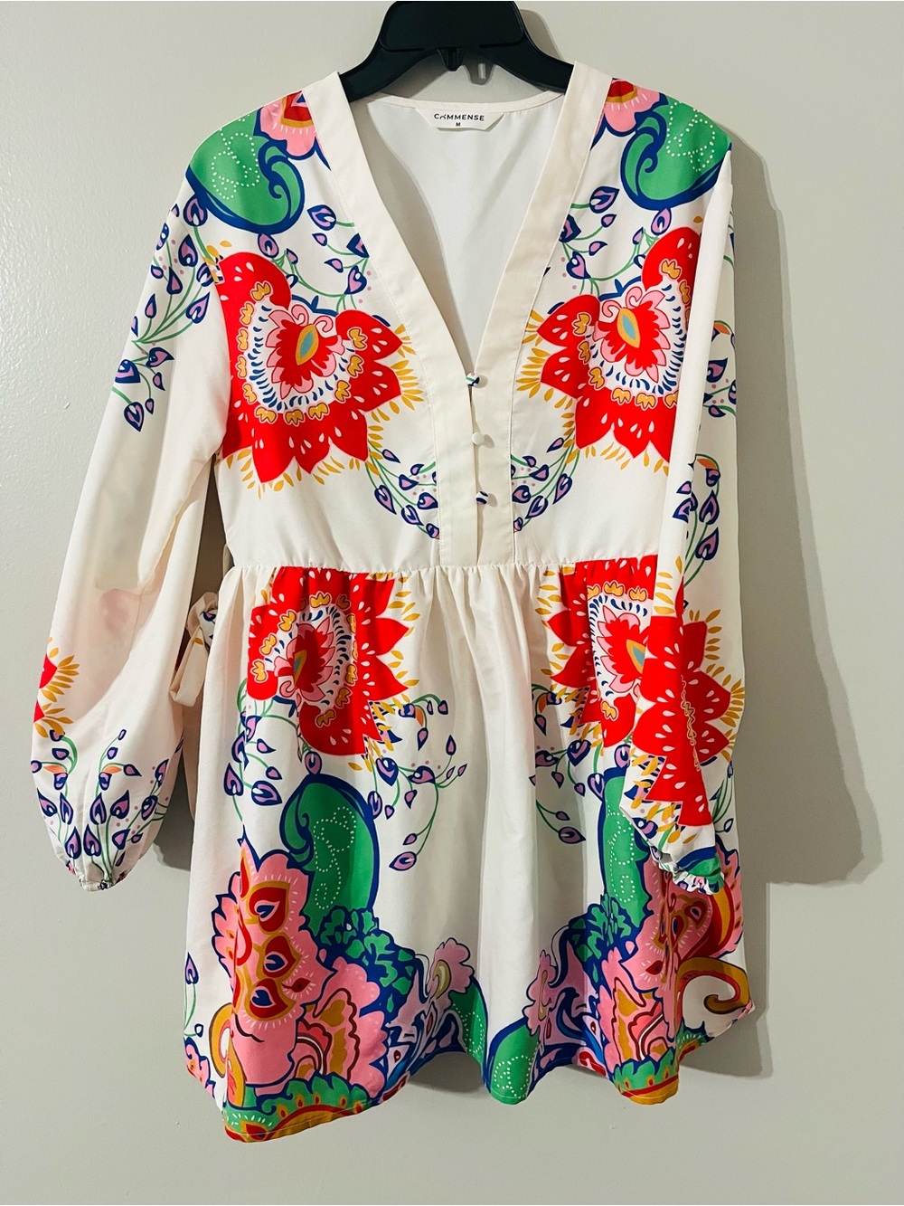 Commense  Cream Floral Print V-Neck Long Sleeve Mini Dress Sz M